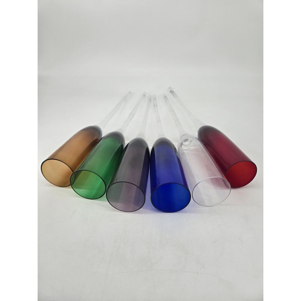 Vtg 6 Hand Blown 17" Multicolor Champagne Long Stem Bouquet Glasses Plus Holder - Picture 4 of 10